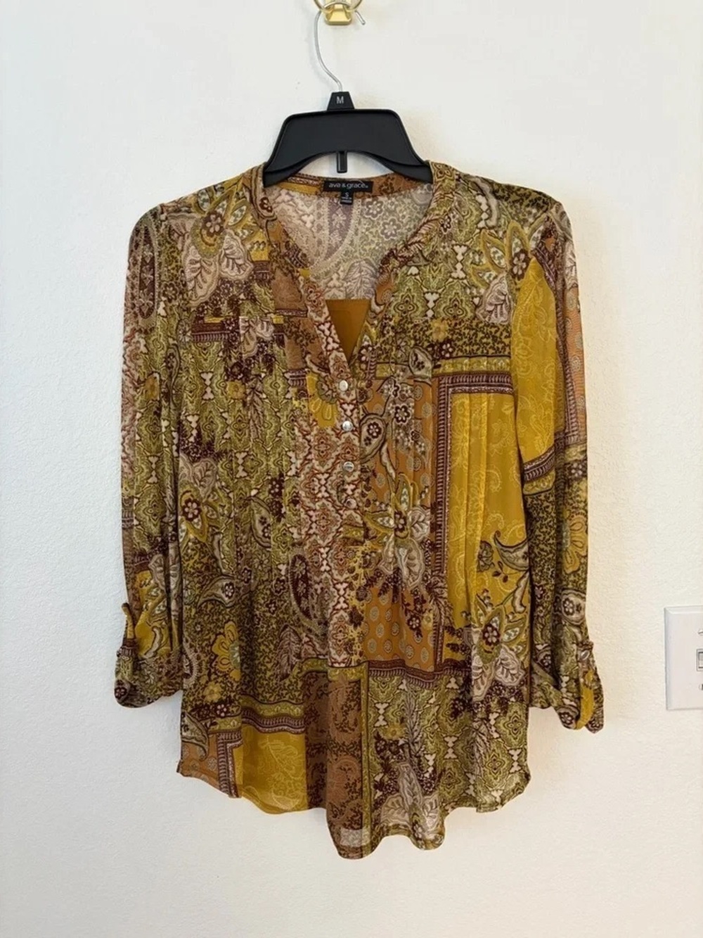 Style & Co. Yellow and Olive Paisley V-Neck Blouse